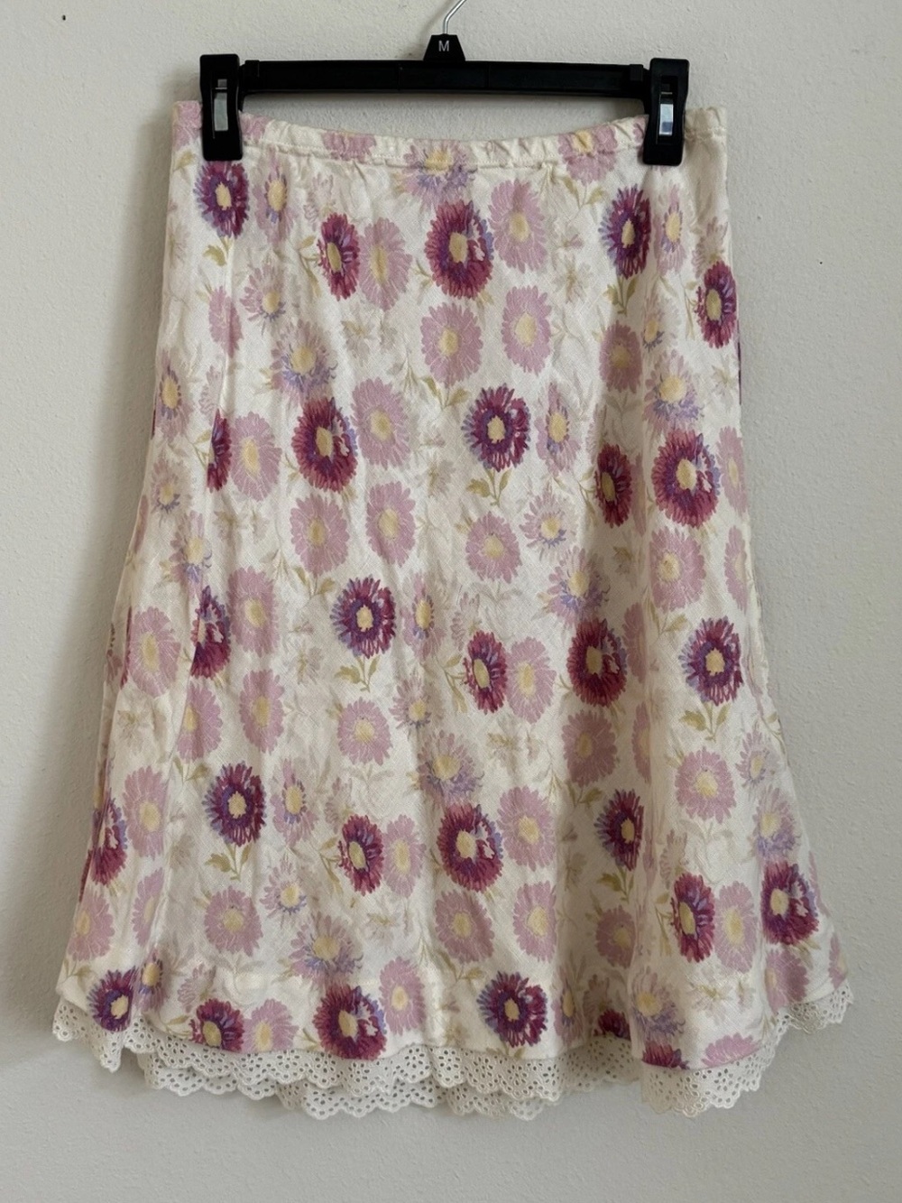 J Jill White Pink Purple Floral Linen Midi Ruffle Hem Skirt Size Petite Small